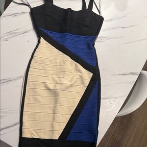 Herve Leger Black, Blue, and Cream Mini Dress